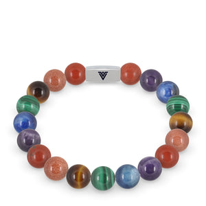 Front view of a 10mm LGBTQ Pride beaded stretch bracelet with silver stainless steel logo bead made by Voltlin