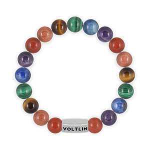 Top view of a 10mm LGBTQ Pride beaded stretch bracelet with silver stainless steel logo bead made by Voltlin