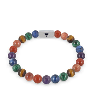 Front view of an 8mm LGBTQ Pride beaded stretch bracelet with silver stainless steel logo bead made by Voltlin