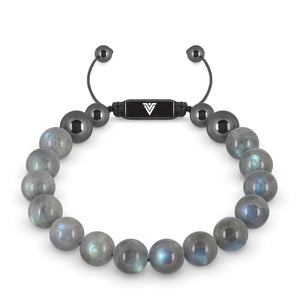 Front view of a 10mm Labradorite crystal beaded shamballa bracelet with black stainless steel logo bead made by Voltlin