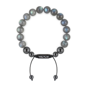 Top view of a 10mm Labradorite crystal beaded shamballa bracelet with black stainless steel logo bead made by Voltlin