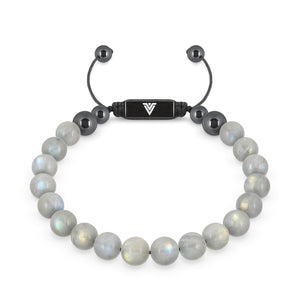 Front view of an 8mm Labradorite crystal beaded shamballa bracelet with black stainless steel logo bead made by Voltlin
