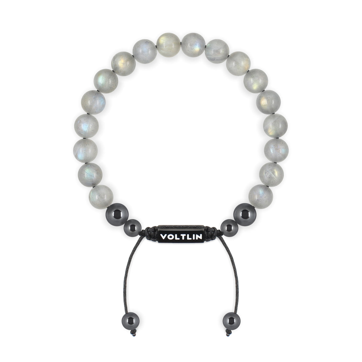 Top view of an 8mm Labradorite crystal beaded shamballa bracelet with black stainless steel logo bead made by Voltlin