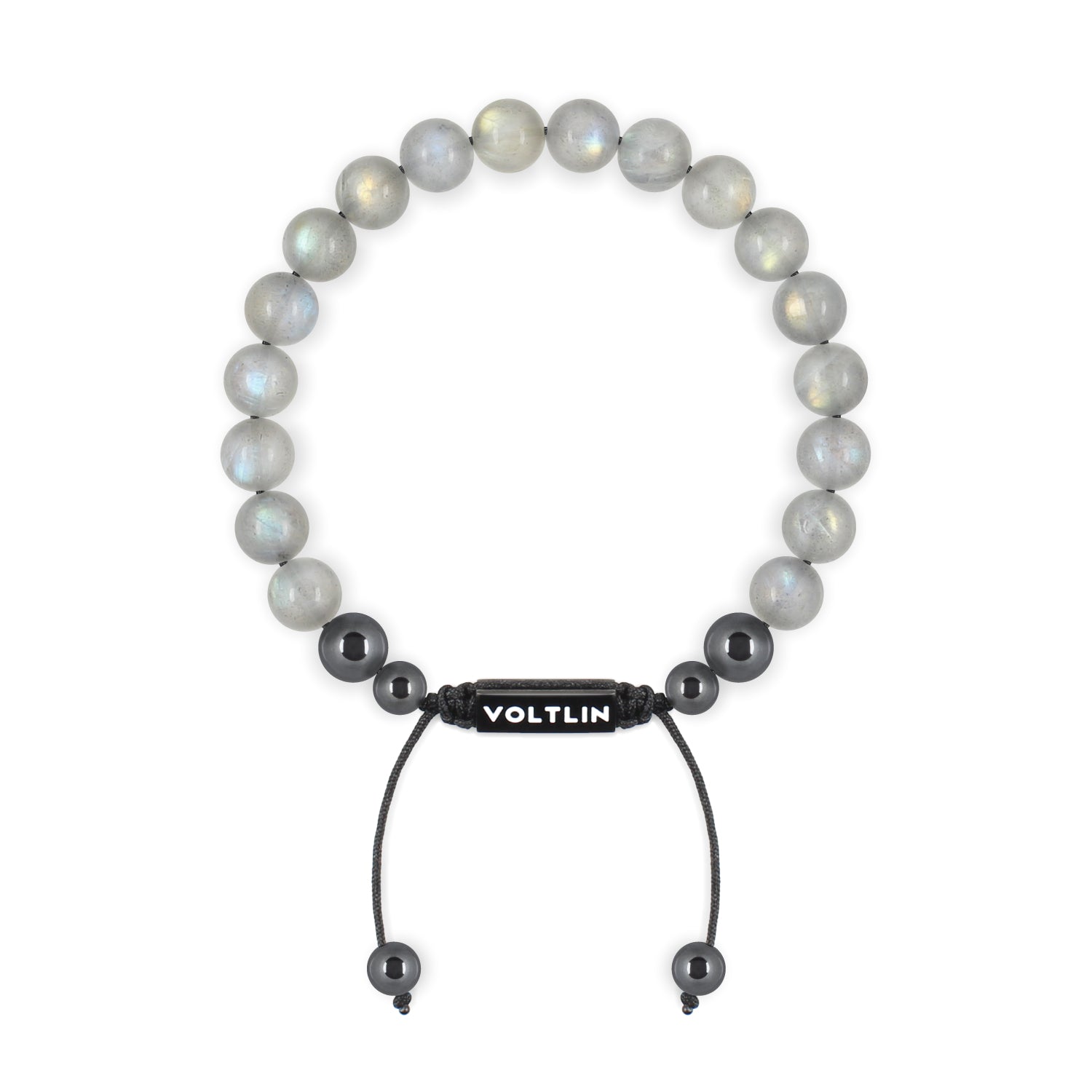 Top view of an 8mm Labradorite crystal beaded shamballa bracelet with black stainless steel logo bead made by Voltlin