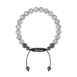 Top view of an 8mm Labradorite crystal beaded shamballa bracelet with black stainless steel logo bead made by Voltlin