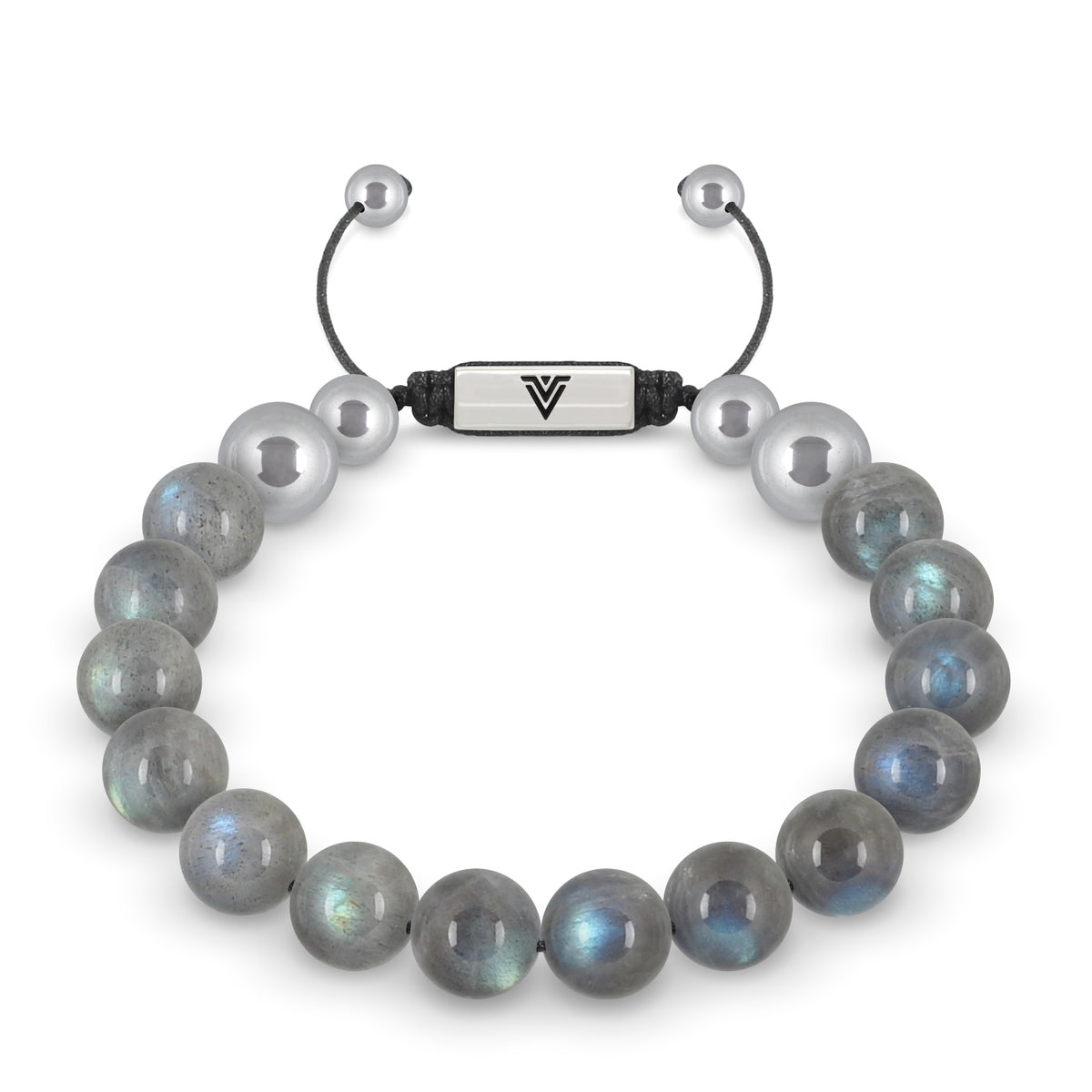 Front view of a 10mm Labradorite beaded shamballa bracelet with silver stainless steel logo bead made by Voltlin