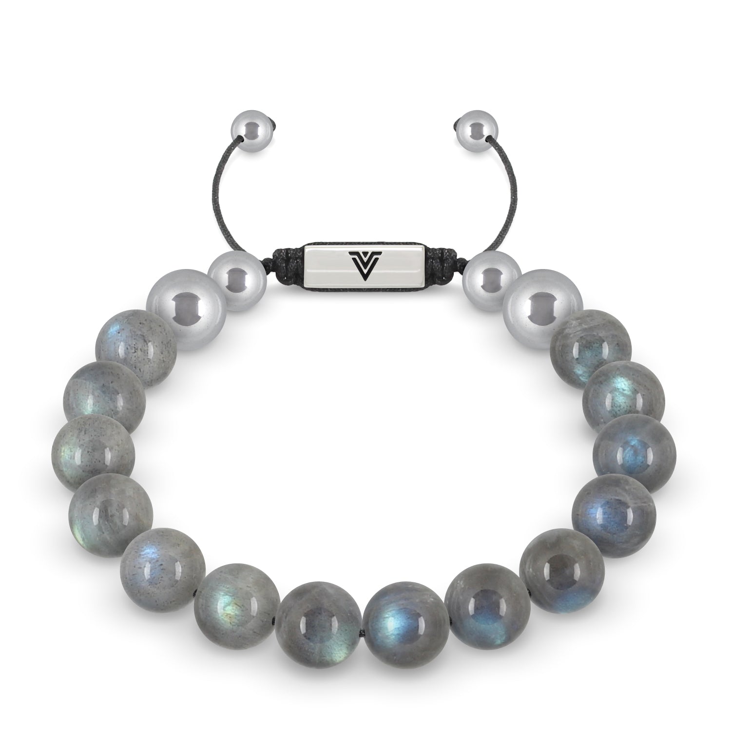Front view of a 10mm Labradorite beaded shamballa bracelet with silver stainless steel logo bead made by Voltlin