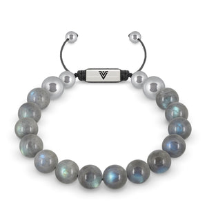 Front view of a 10mm Labradorite beaded shamballa bracelet with silver stainless steel logo bead made by Voltlin