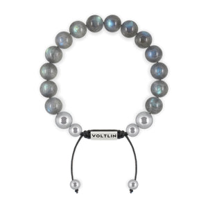 Top view of a 10mm Labradorite beaded shamballa bracelet with silver stainless steel logo bead made by Voltlin