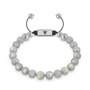 Front view of an 8mm Labradorite beaded shamballa bracelet with silver stainless steel logo bead made by Voltlin