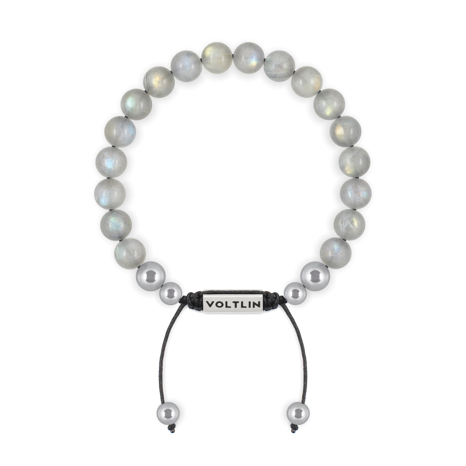 Front view of an 8mm Labradorite beaded shamballa bracelet with silver stainless steel logo bead made by Voltlin