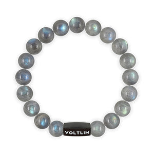 Top view of a 10mm Labradorite crystal beaded stretch bracelet with black stainless steel logo bead made by Voltlin