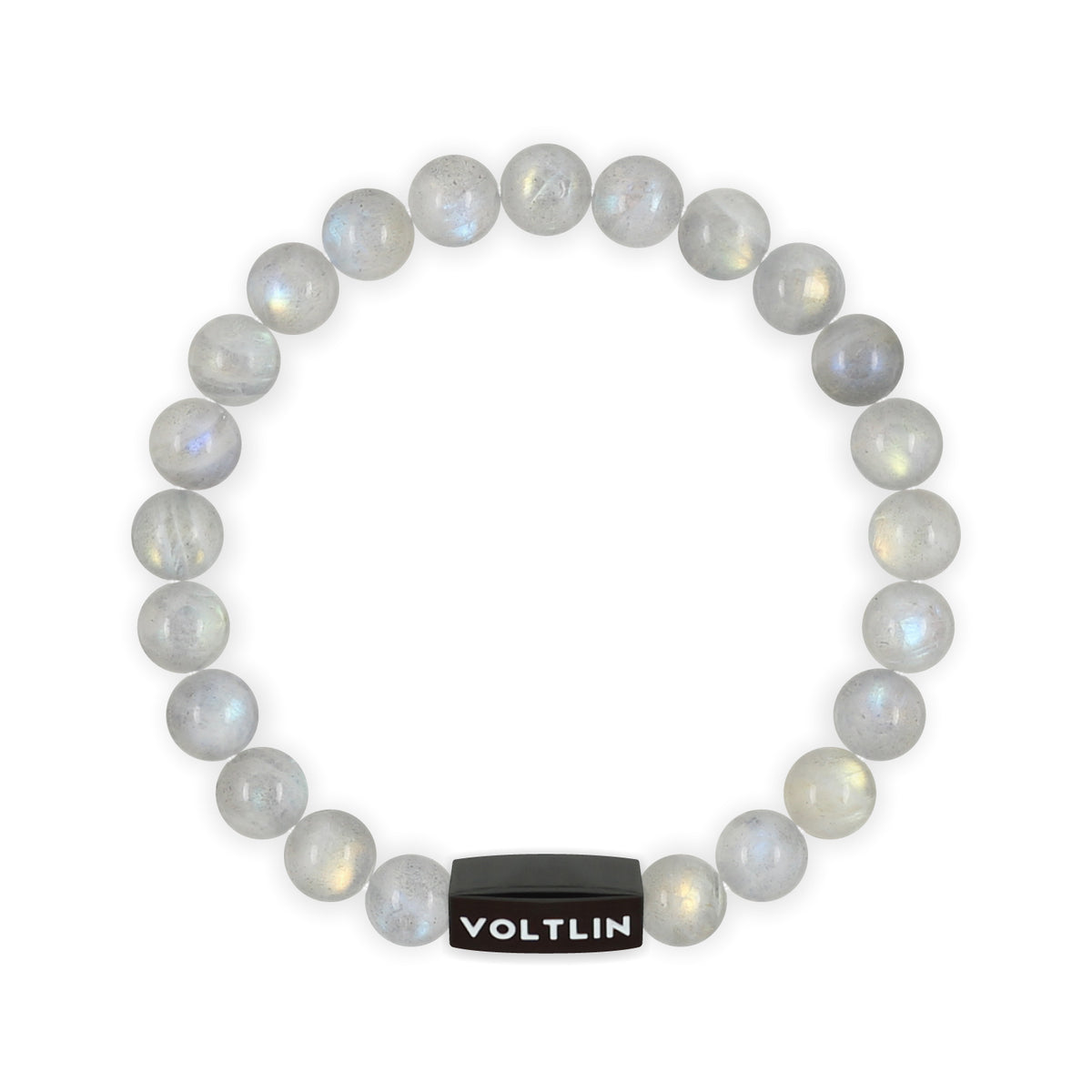Top view of an 8mm Labradorite crystal beaded stretch bracelet with black stainless steel logo bead made by Voltlin