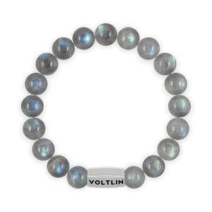 Top view of a 10mm Labradorite beaded stretch bracelet with silver stainless steel logo bead made by Voltlin