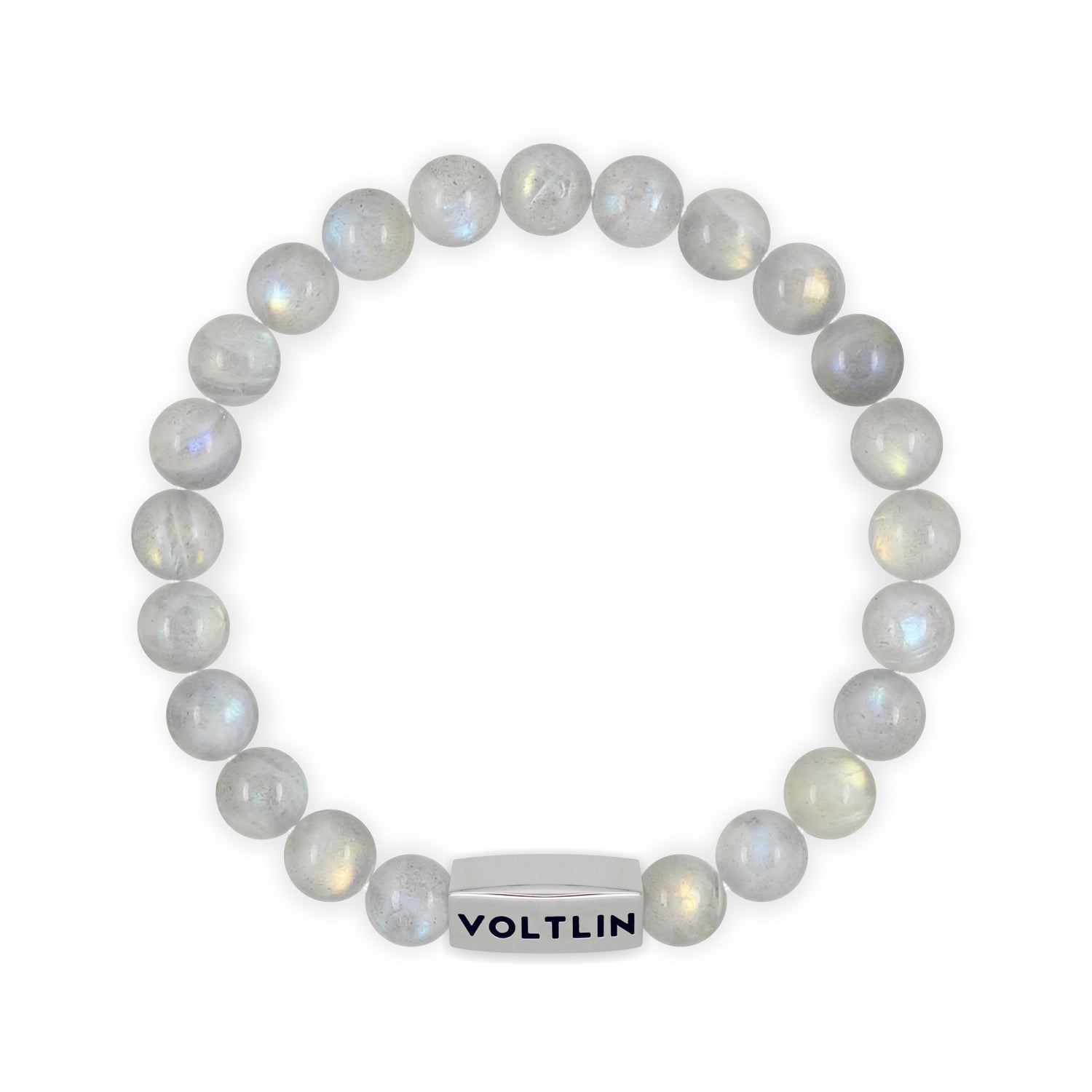 Front view of an 8mm Labradorite beaded stretch bracelet with silver stainless steel logo bead made by Voltlin