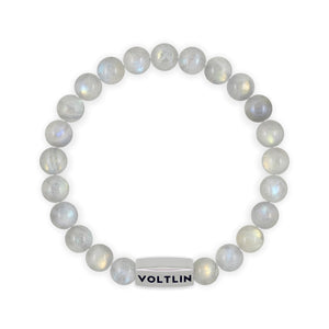 Top view of an 8mm Labradorite beaded stretch bracelet with silver stainless steel logo bead made by Voltlin