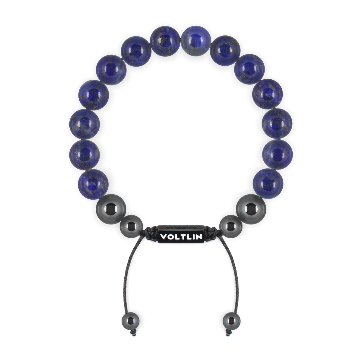Top view of a 10mm Lapis Lazuli crystal beaded shamballa bracelet with black stainless steel logo bead made by Voltlin