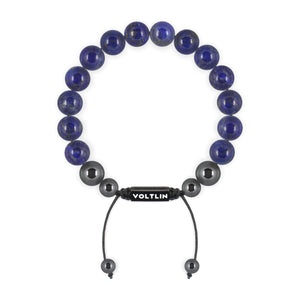 Top view of a 10mm Lapis Lazuli crystal beaded shamballa bracelet with black stainless steel logo bead made by Voltlin