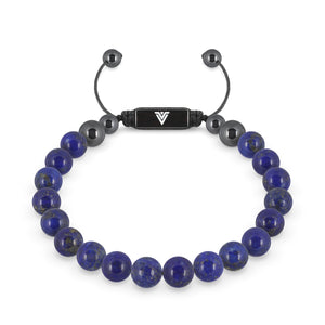 Front view of an 8mm Lapis Lazuli crystal beaded shamballa bracelet with black stainless steel logo bead made by Voltlin