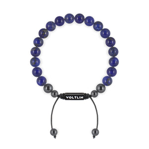 Top view of an 8mm Lapis Lazuli crystal beaded shamballa bracelet with black stainless steel logo bead made by Voltlin