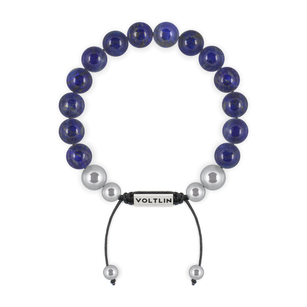 Top view of a 10mm Lapis Lazuli beaded shamballa bracelet with silver stainless steel logo bead made by Voltlin