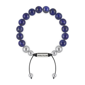 Top view of a 10mm Lapis Lazuli beaded shamballa bracelet with silver stainless steel logo bead made by Voltlin
