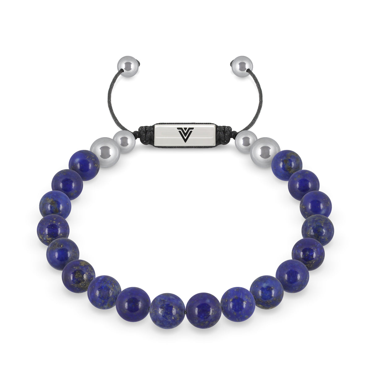 Front view of an 8mm Lapis Lazuli beaded shamballa bracelet with silver stainless steel logo bead made by Voltlin