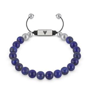 Front view of an 8mm Lapis Lazuli beaded shamballa bracelet with silver stainless steel logo bead made by Voltlin