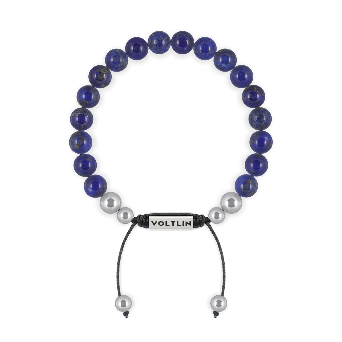 Top view of an 8mm Lapis Lazuli beaded shamballa bracelet with silver stainless steel logo bead made by Voltlin