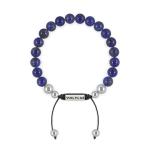 Top view of an 8mm Lapis Lazuli beaded shamballa bracelet with silver stainless steel logo bead made by Voltlin