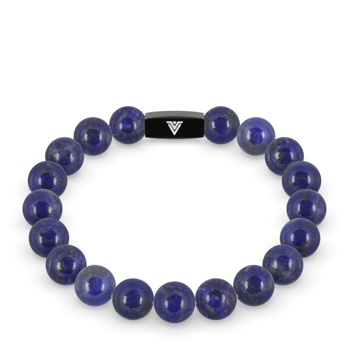 Front view of a 10mm Lapis Lazuli crystal beaded stretch bracelet with black stainless steel logo bead made by Voltlin