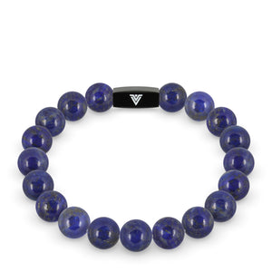 Front view of a 10mm Lapis Lazuli crystal beaded stretch bracelet with black stainless steel logo bead made by Voltlin