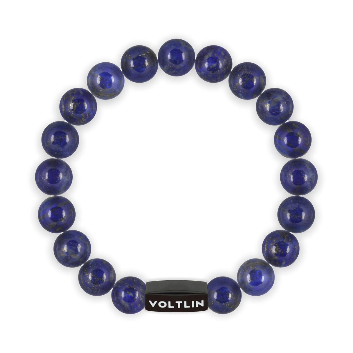 Top view of a 10mm Lapis Lazuli crystal beaded stretch bracelet with black stainless steel logo bead made by Voltlin