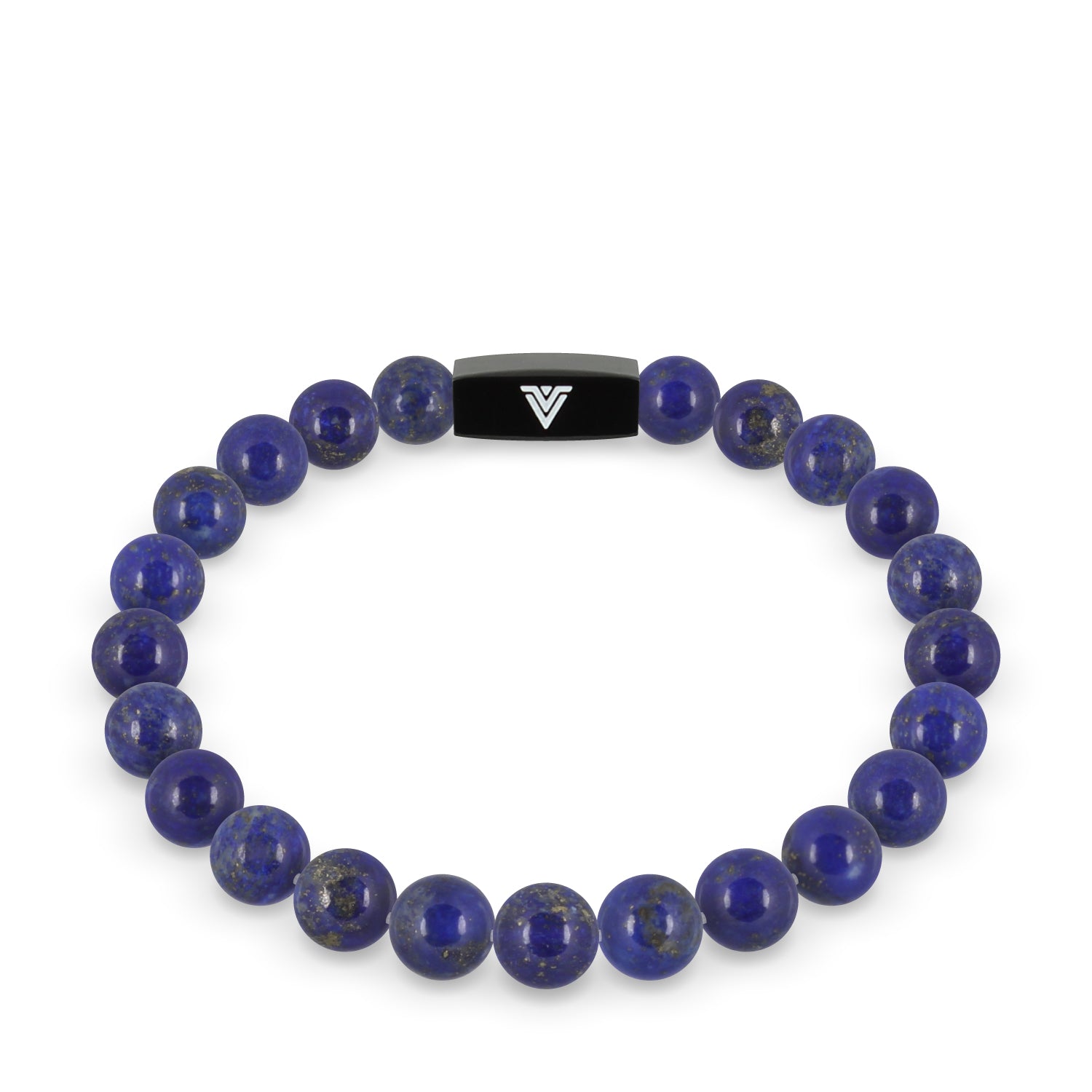 Front view of an 8mm Lapis Lazuli crystal beaded stretch bracelet with black stainless steel logo bead made by Voltlin