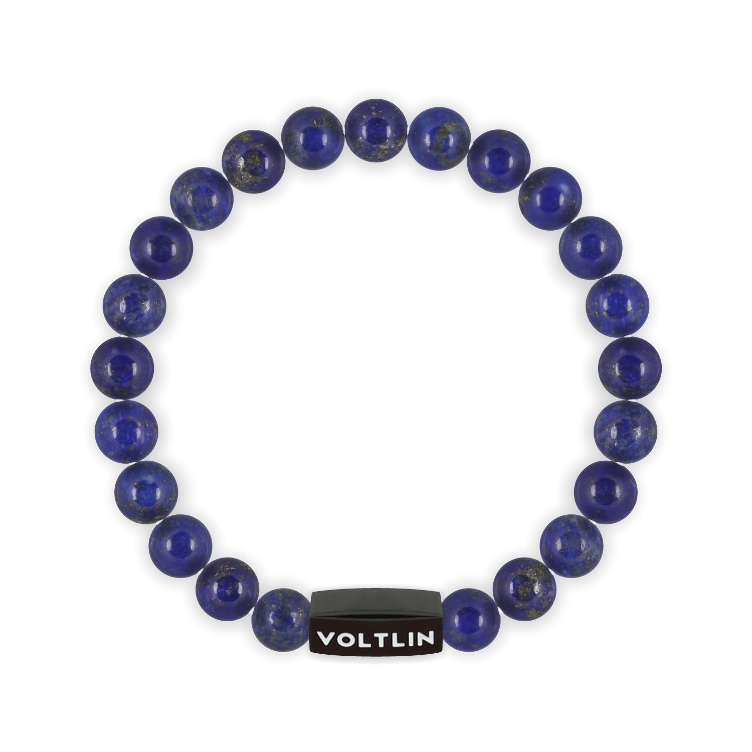 Front view of an 8mm Lapis Lazuli crystal beaded stretch bracelet with black stainless steel logo bead made by Voltlin