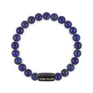 Top view of an 8mm Lapis Lazuli crystal beaded stretch bracelet with black stainless steel logo bead made by Voltlin