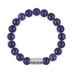 Top view of a 10mm Lapis Lazuli beaded stretch bracelet with silver stainless steel logo bead made by Voltlin