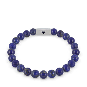 Front view of an 8mm Lapis Lazuli beaded stretch bracelet with silver stainless steel logo bead made by Voltlin