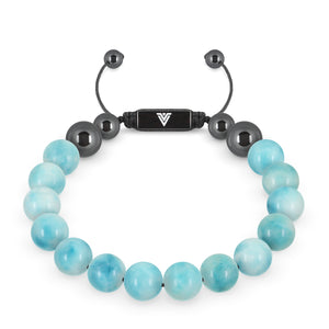 Front view of a 10mm Larimar crystal beaded shamballa bracelet with black stainless steel logo bead made by Voltlin