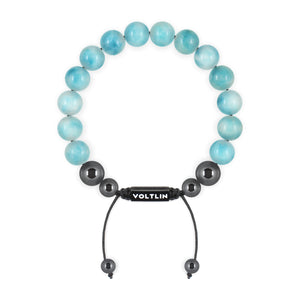 Top view of a 10mm Larimar crystal beaded shamballa bracelet with black stainless steel logo bead made by Voltlin