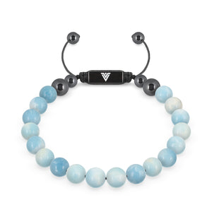 Front view of an 8mm Larimar crystal beaded shamballa bracelet with black stainless steel logo bead made by Voltlin