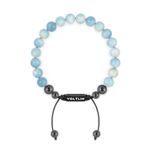 Top view of an 8mm Larimar crystal beaded shamballa bracelet with black stainless steel logo bead made by Voltlin