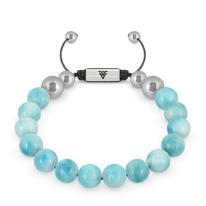 Front view of a 10mm Larimar beaded shamballa bracelet with silver stainless steel logo bead made by Voltlin