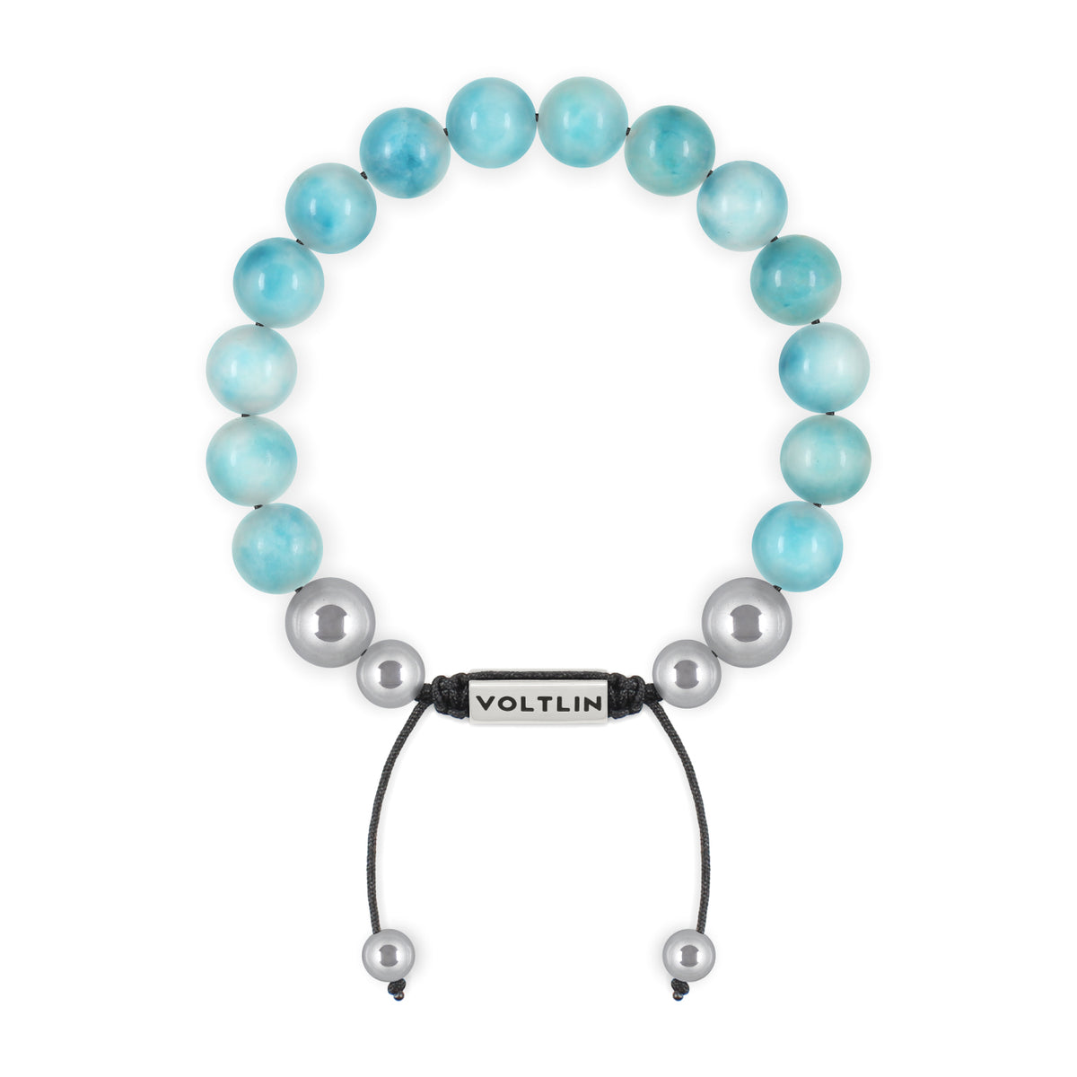 Top view of a 10mm Larimar beaded shamballa bracelet with silver stainless steel logo bead made by Voltlin