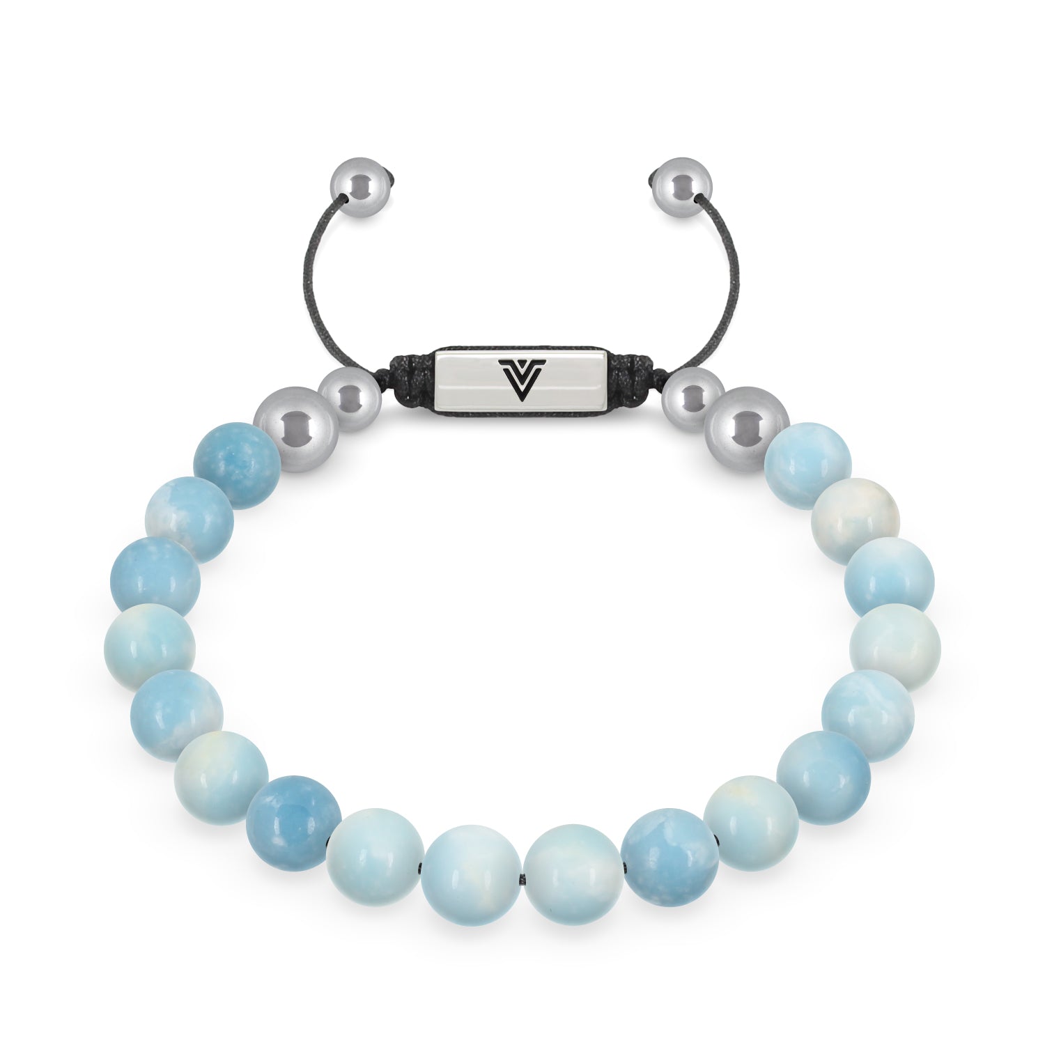 Front view of an 8mm Larimar beaded shamballa bracelet with silver stainless steel logo bead made by Voltlin