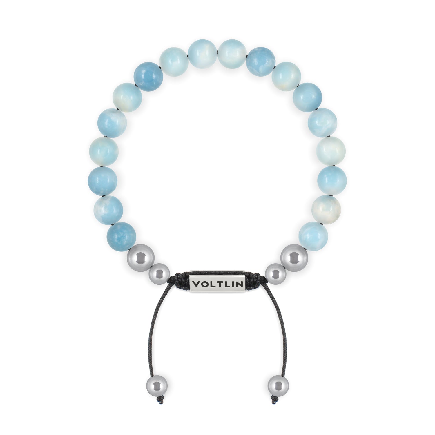 Front view of an 8mm Larimar beaded shamballa bracelet with silver stainless steel logo bead made by Voltlin