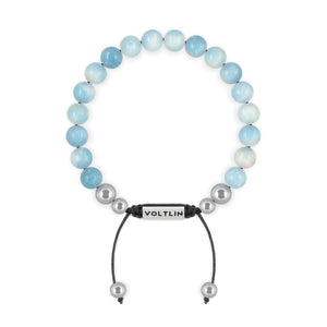 Top view of an 8mm Larimar beaded shamballa bracelet with silver stainless steel logo bead made by Voltlin