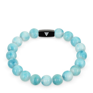 Front view of a 10mm Larimar crystal beaded stretch bracelet with black stainless steel logo bead made by Voltlin