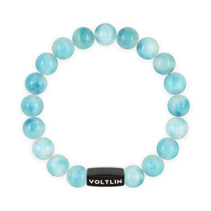 Top view of a 10mm Larimar crystal beaded stretch bracelet with black stainless steel logo bead made by Voltlin