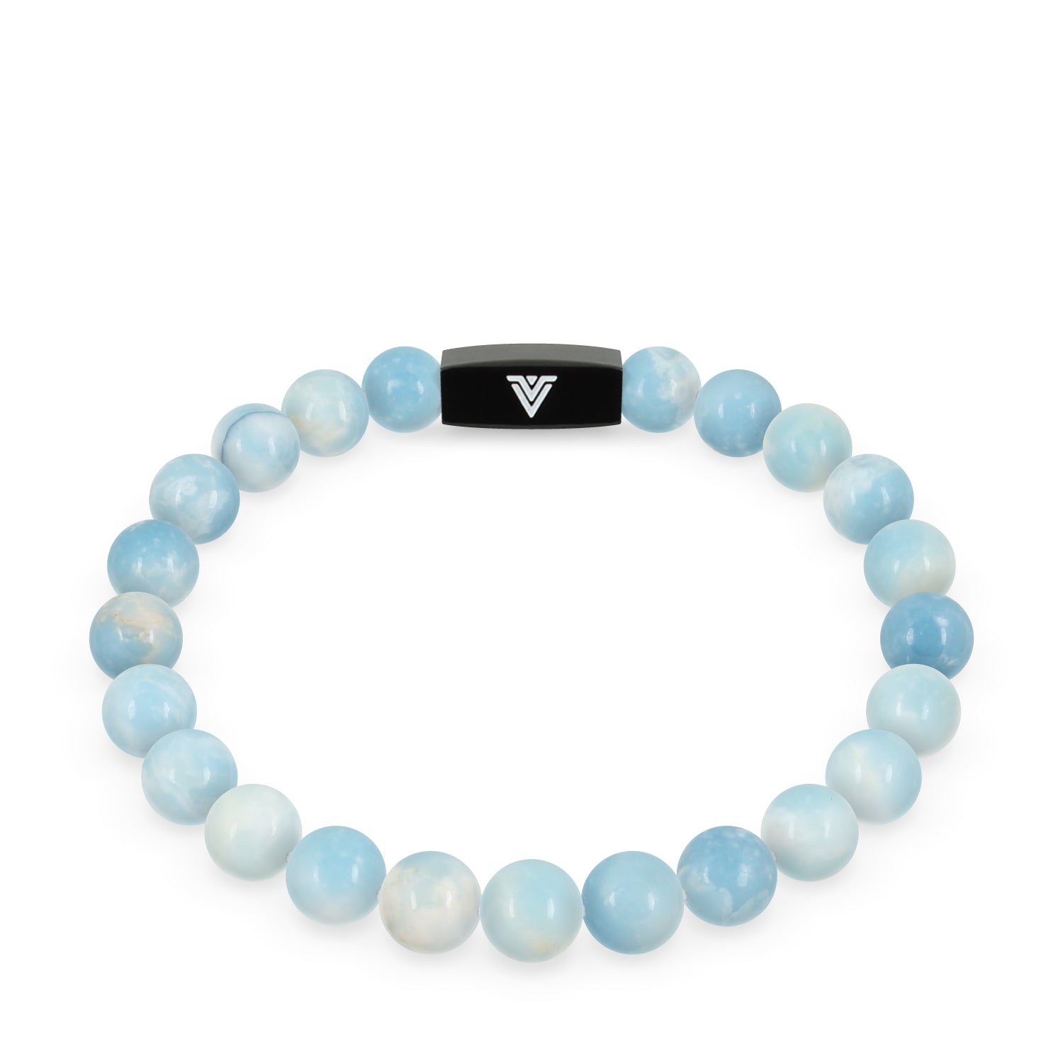 Front view of an 8mm Larimar crystal beaded stretch bracelet with black stainless steel logo bead made by Voltlin